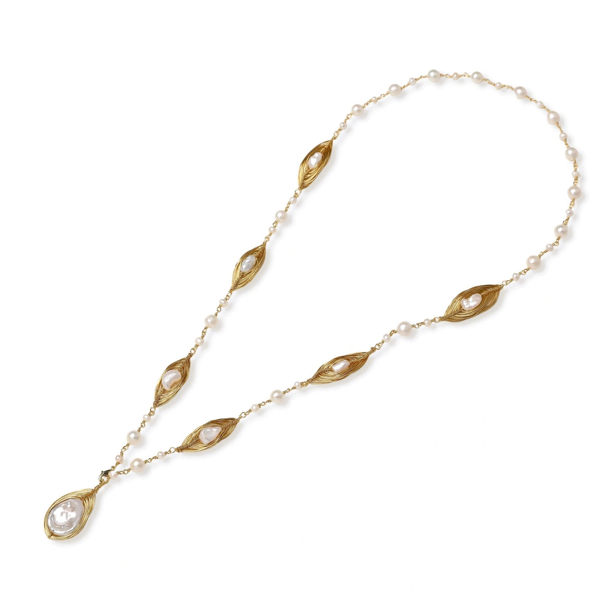 Golden Leaf Baroque Necklace laid flat showing pearl and chain detail