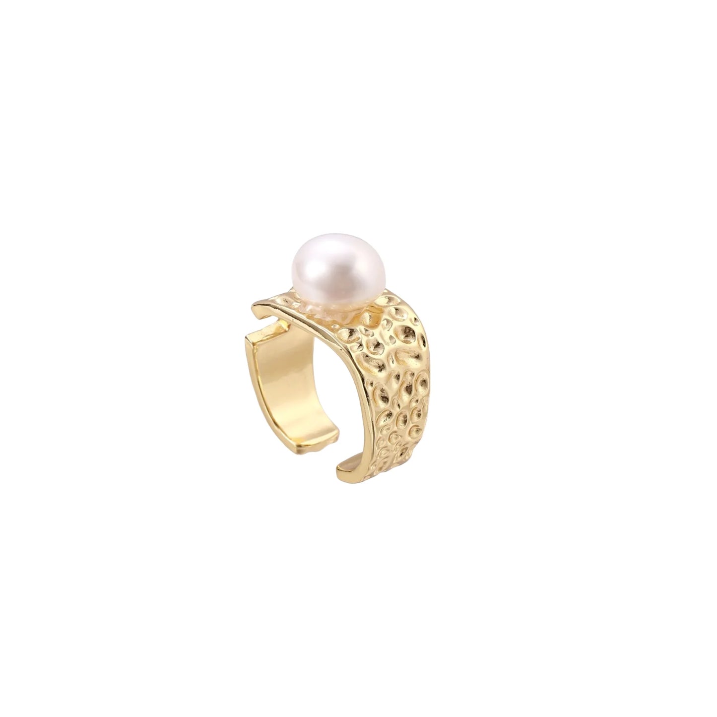 Gold ring with a pearl on a white background