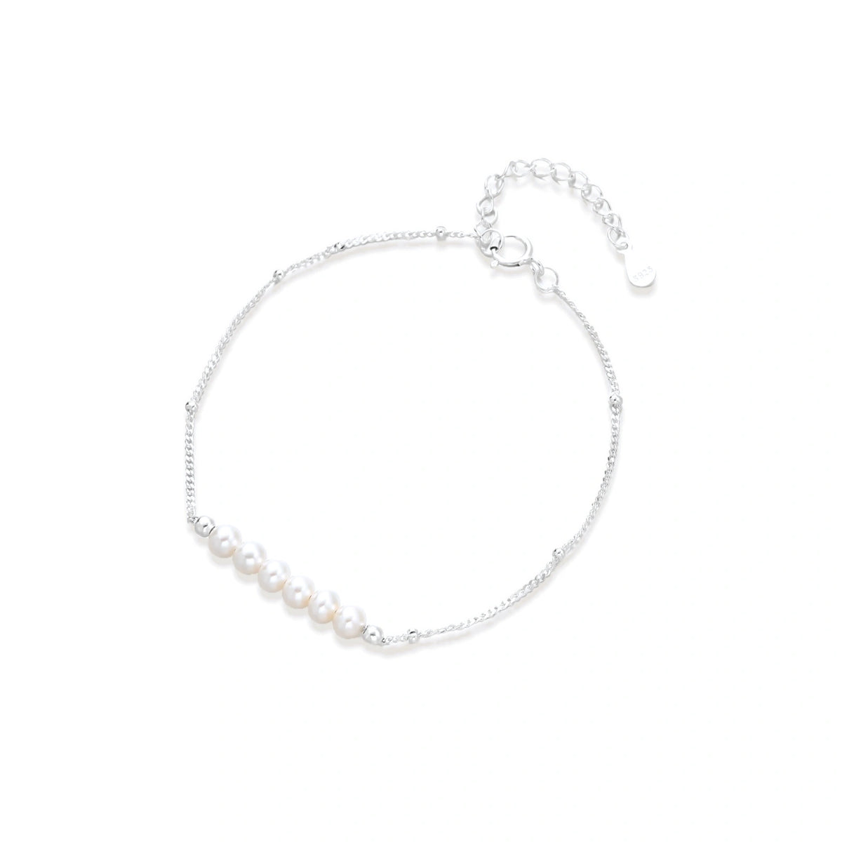 Anais Pearl Chain Bracelet, fine silver beaded chain bracelet with a row of six small white pearls, laid flat showing the clasp and extender