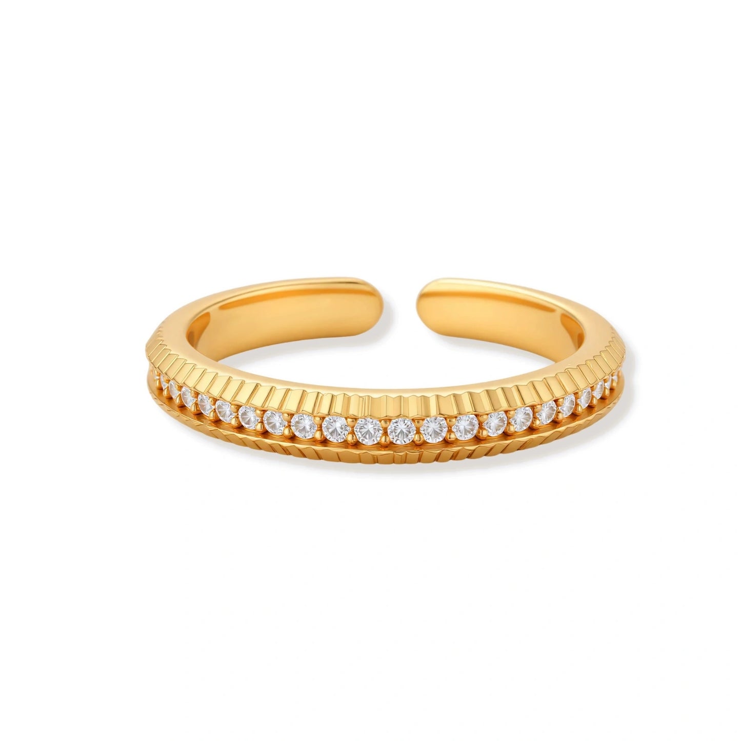 Gold open ring with small diamonds on a white background