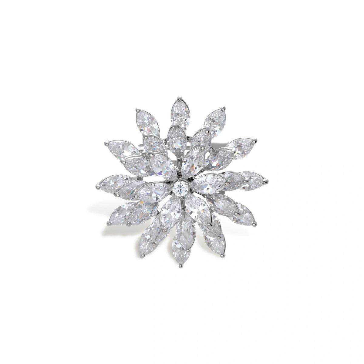 Halle Starflower Brooch, front view of the marquise zirconia flower burst in silver-tone brass