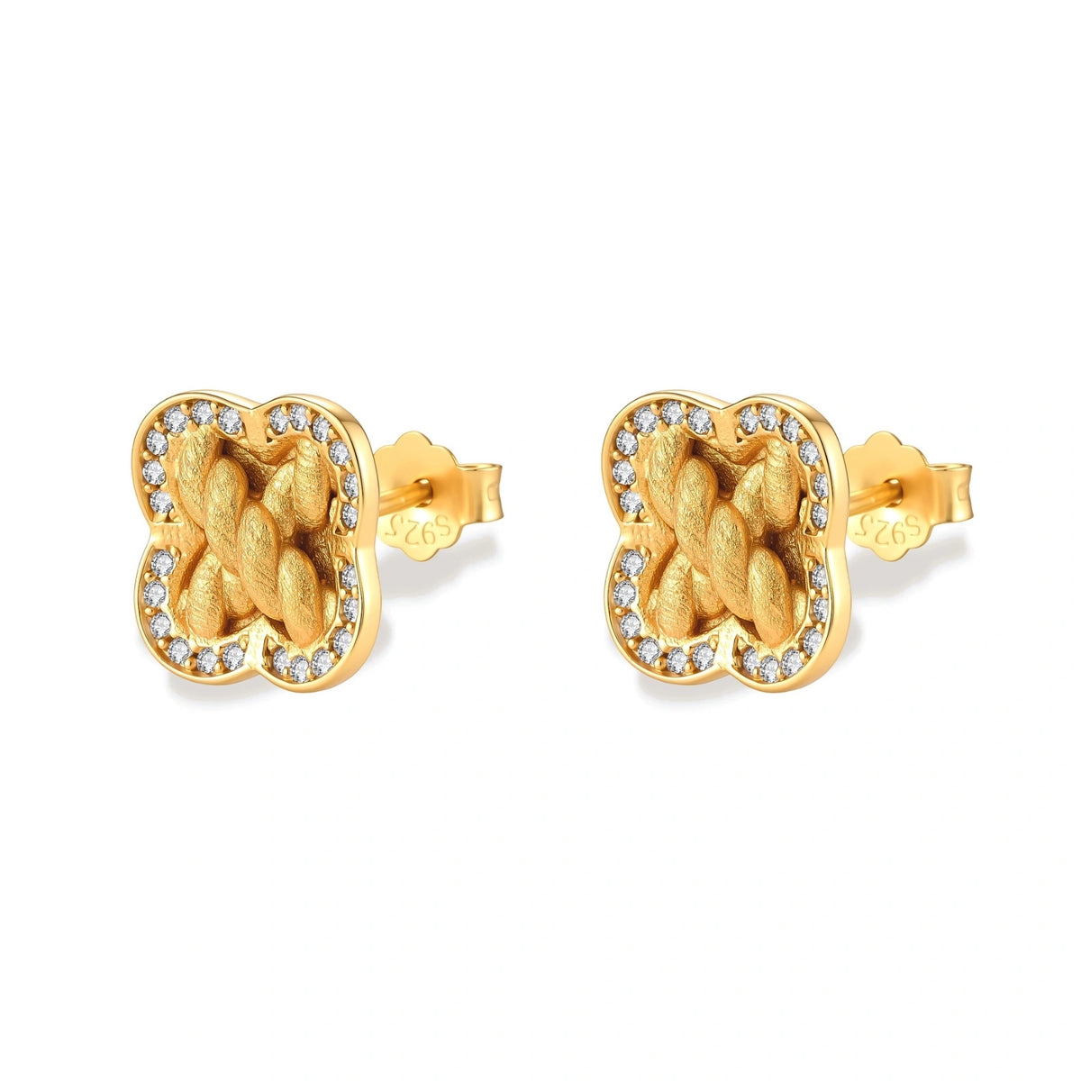 Ines Clover Studs, pair of gold clover studs with cubic zirconia border, angled front view, second angle