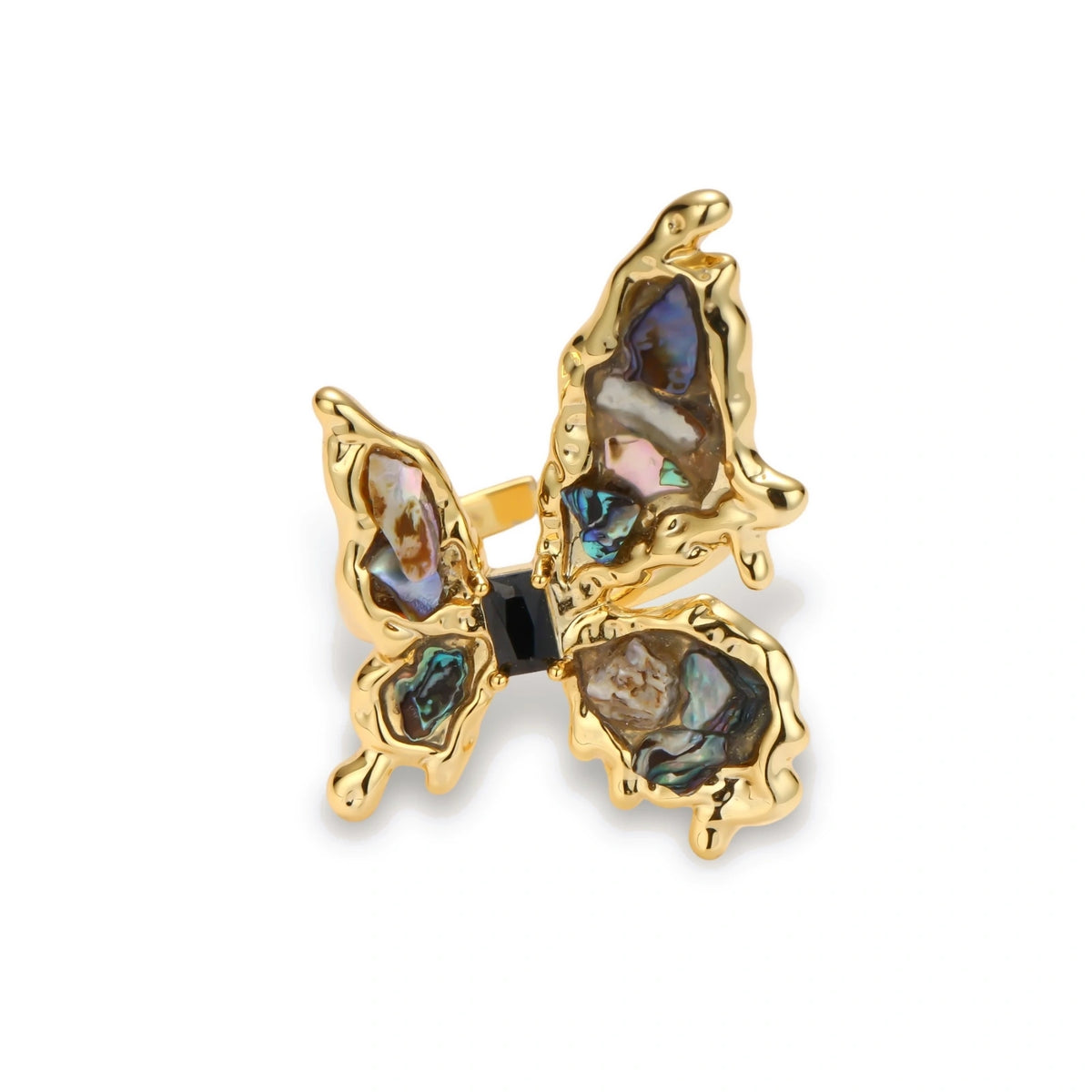 Marina Butterfly Ring gold-tone brass butterfly ring side view showing shell pearl wings