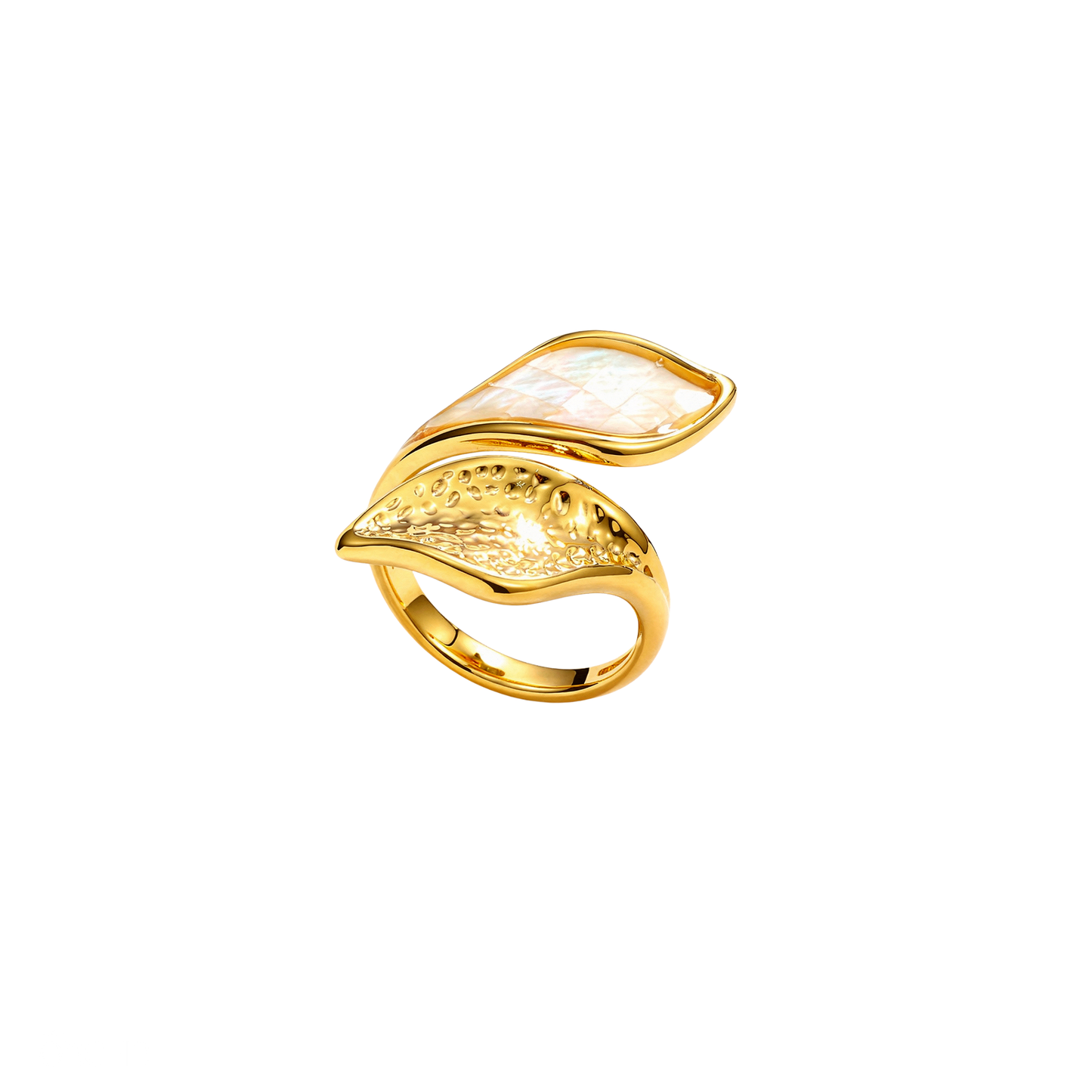 Gold leaf ring with a mother of pearl and textured design on a white background