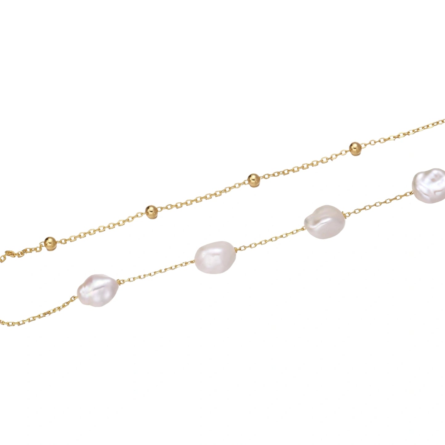 Gold satellite chain with white freshwater pearls on a white background