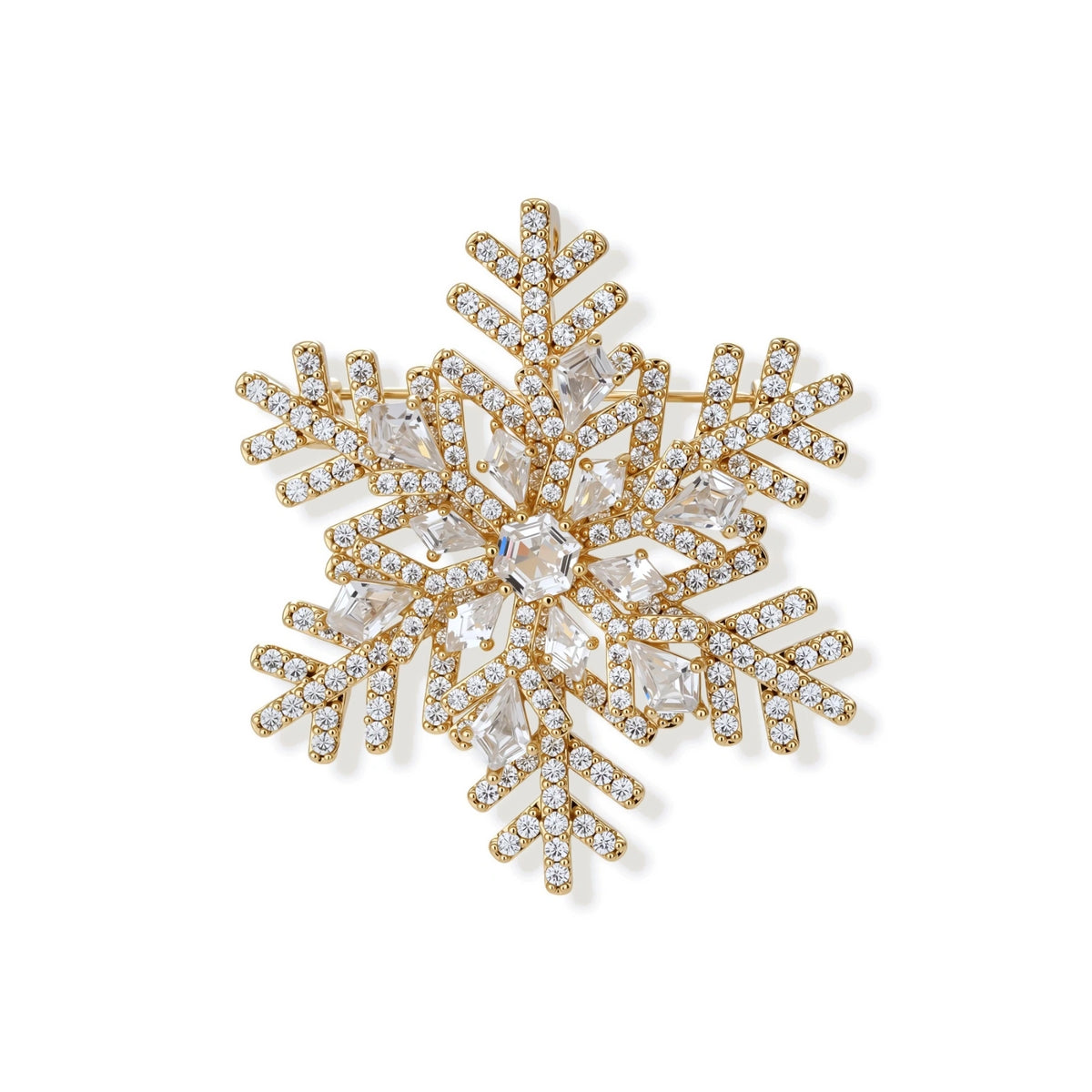 Noelle Snowflake Brooch, front view of the pavé six-point snowflake with a baguette cluster centre in gold-tone brass