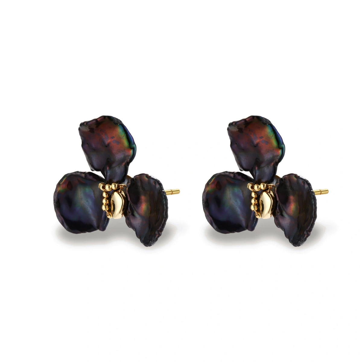 Seraphina Bloom Pearl Earrings, pair showing the sterling silver posts and gold-tone brass detail