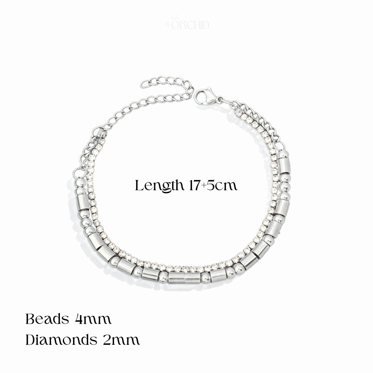 Silver morse code bracelet with beads and diamonds on a white background