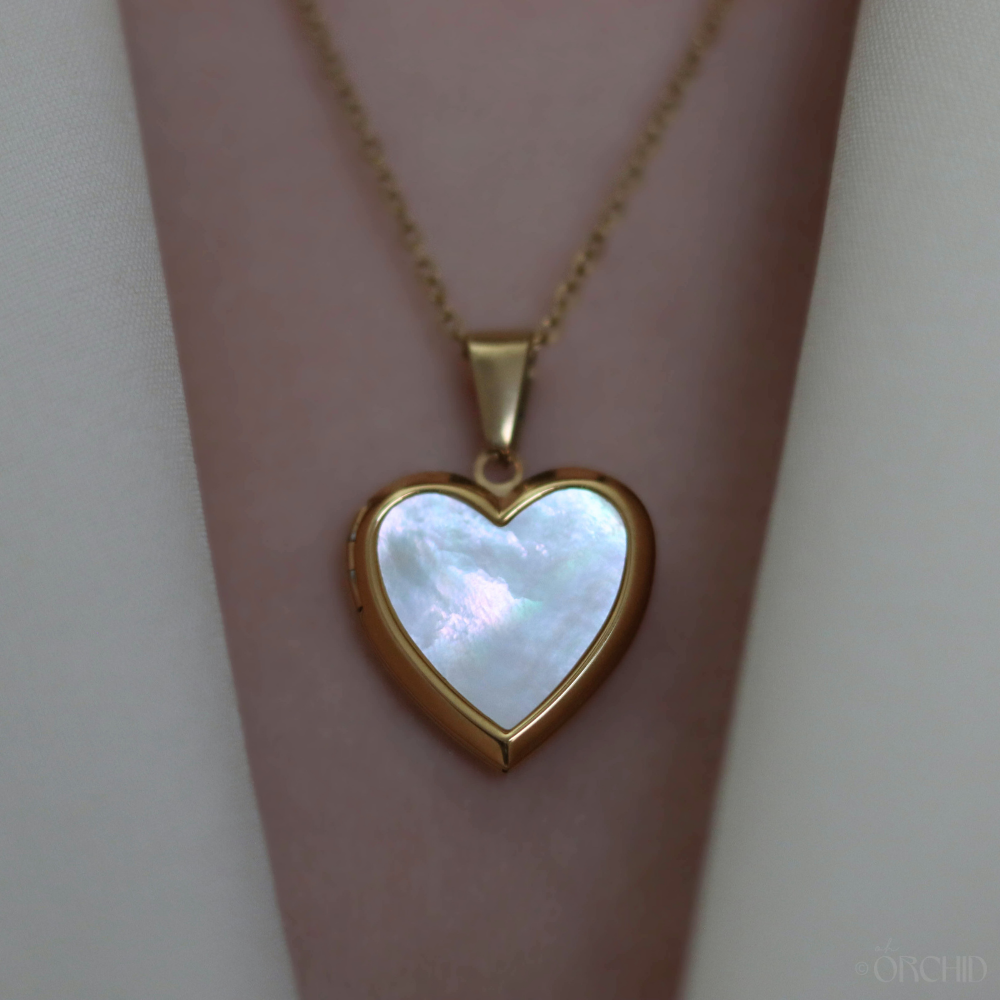 Heart Locket Necklace | Gold or Silver Personalized Pendant | DIY Photo Jewelry | Mother of Pearl Abalone Shell | Sentimental Gift for Her