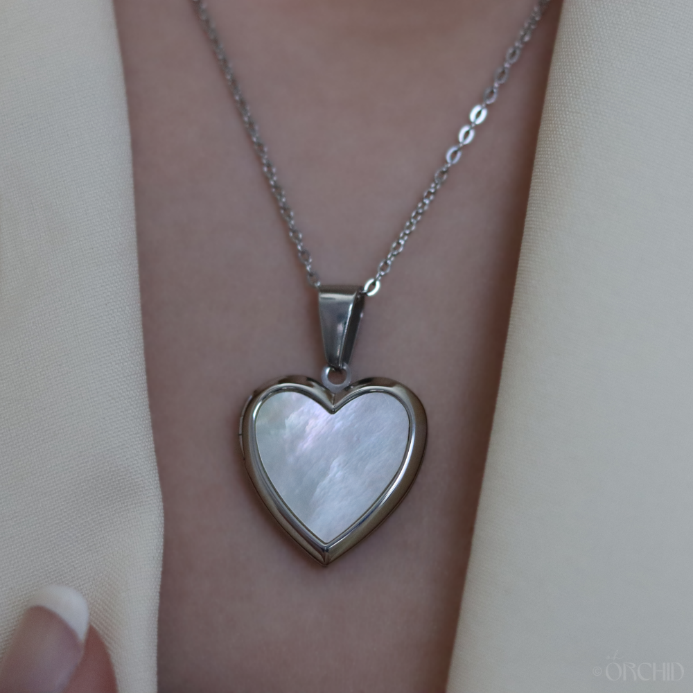 Heart Locket Necklace | Gold or Silver Personalized Pendant | DIY Photo Jewelry | Mother of Pearl Abalone Shell | Sentimental Gift for Her