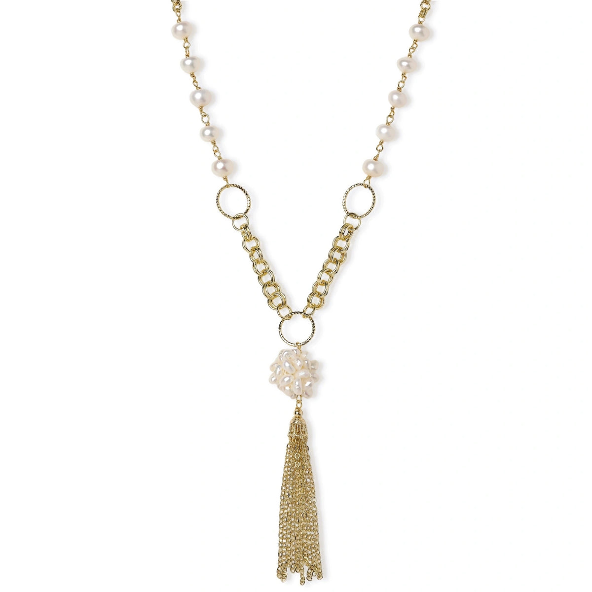 Solenne Pearl Tassel Necklace, gold Y-necklace with freshwater pearls and chain tassel, front view