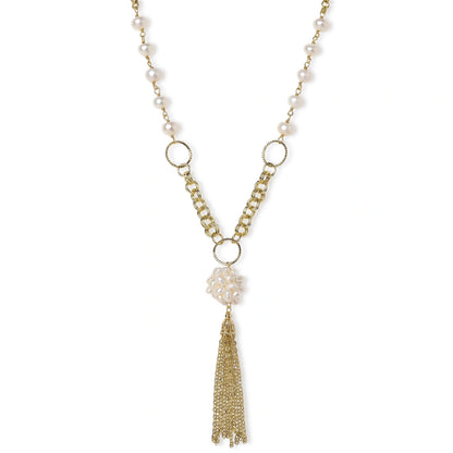 Solenne Pearl Tassel Necklace, gold Y-necklace with freshwater pearls and chain tassel, front view