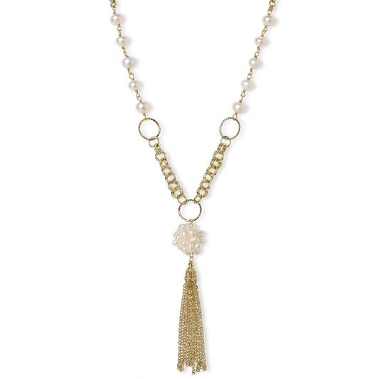 Solenne Pearl Tassel Necklace, gold Y-necklace with freshwater pearls and chain tassel, front view