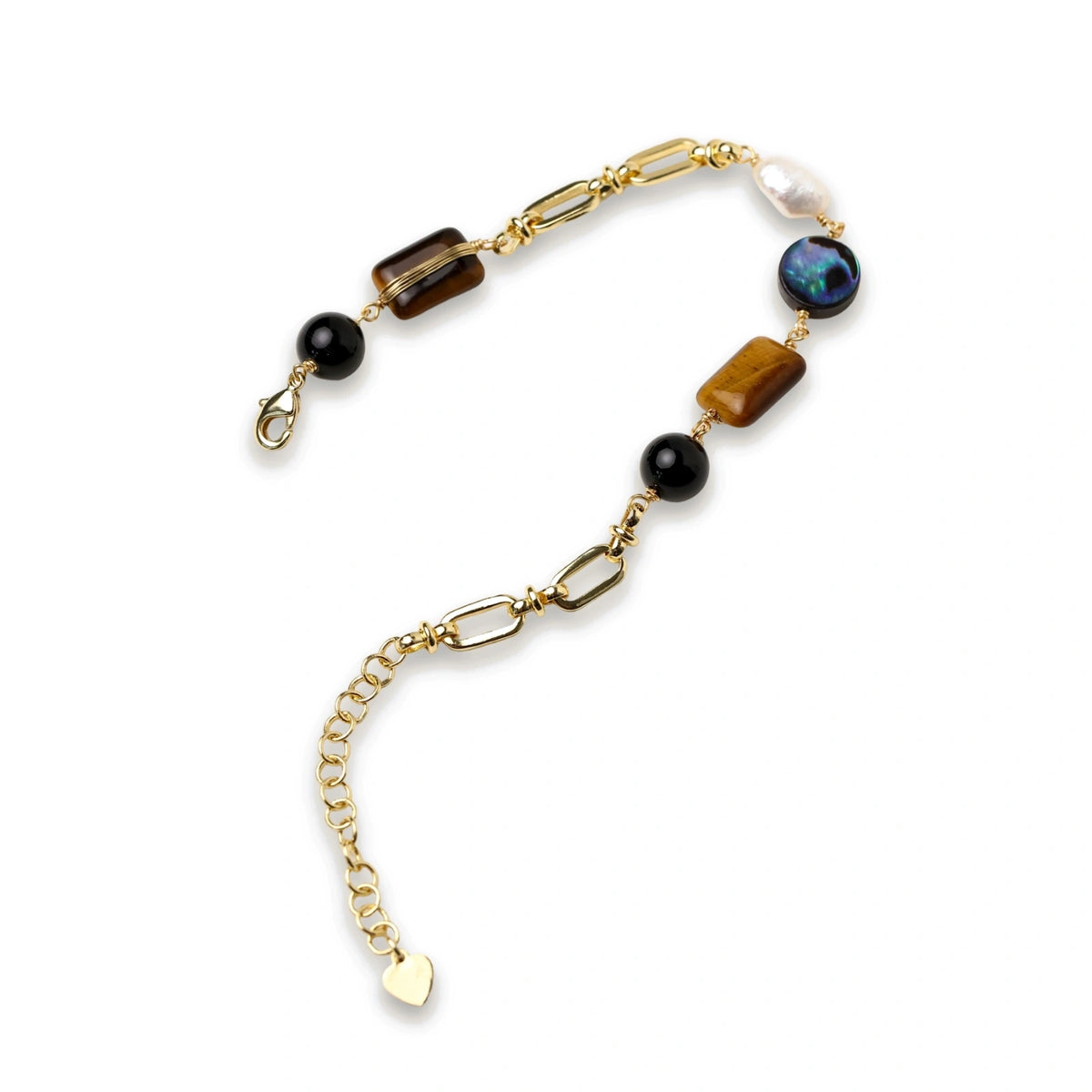Earth Elements Bracelet, full length view showing the lobster clasp and heart charm