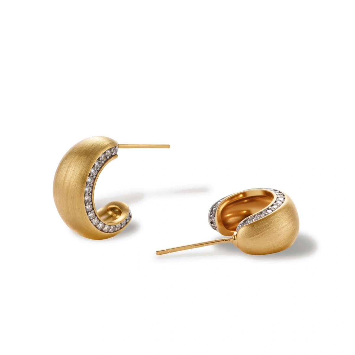 Adelina Pavé Huggie Hoops, close detail of the brushed matte finish