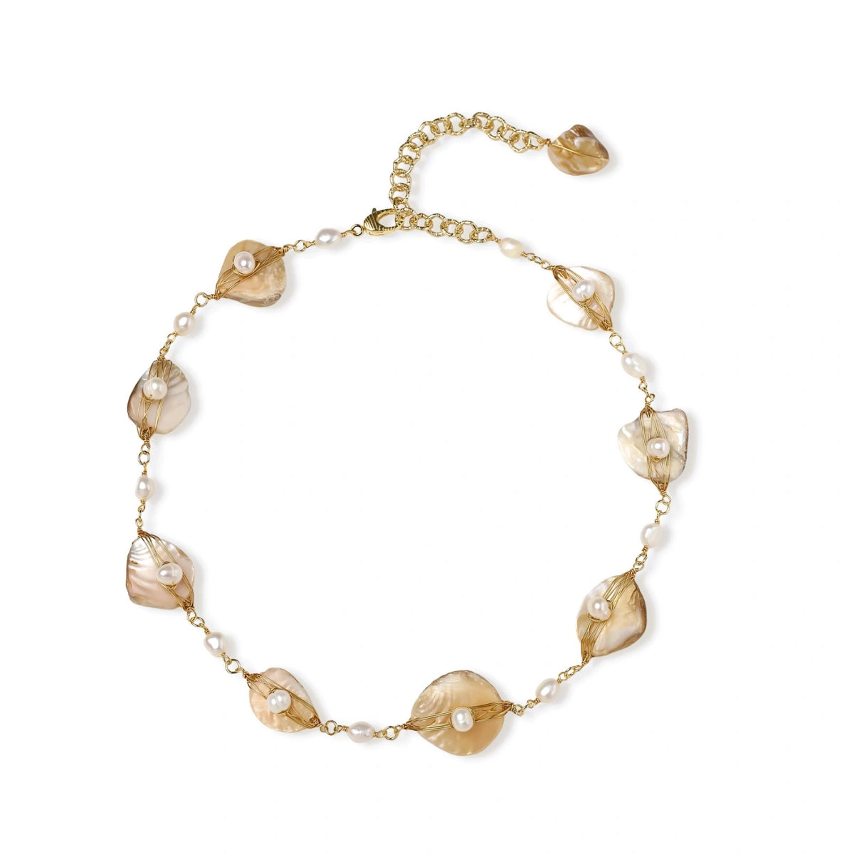 Golden Leaf Pearl Necklace - 14K gold plated brass with iridescent shell and freshwater pearl, front view