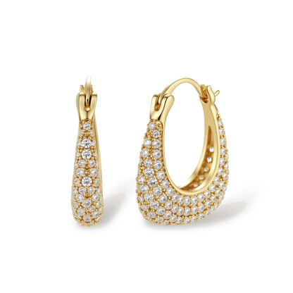 Anouk Pavé Hoops, gold teardrop hoops densely set with pavé zirconia, front view