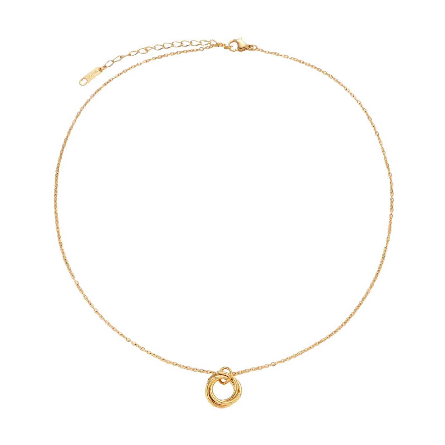 Gold necklace with a small ring pendant on a white background