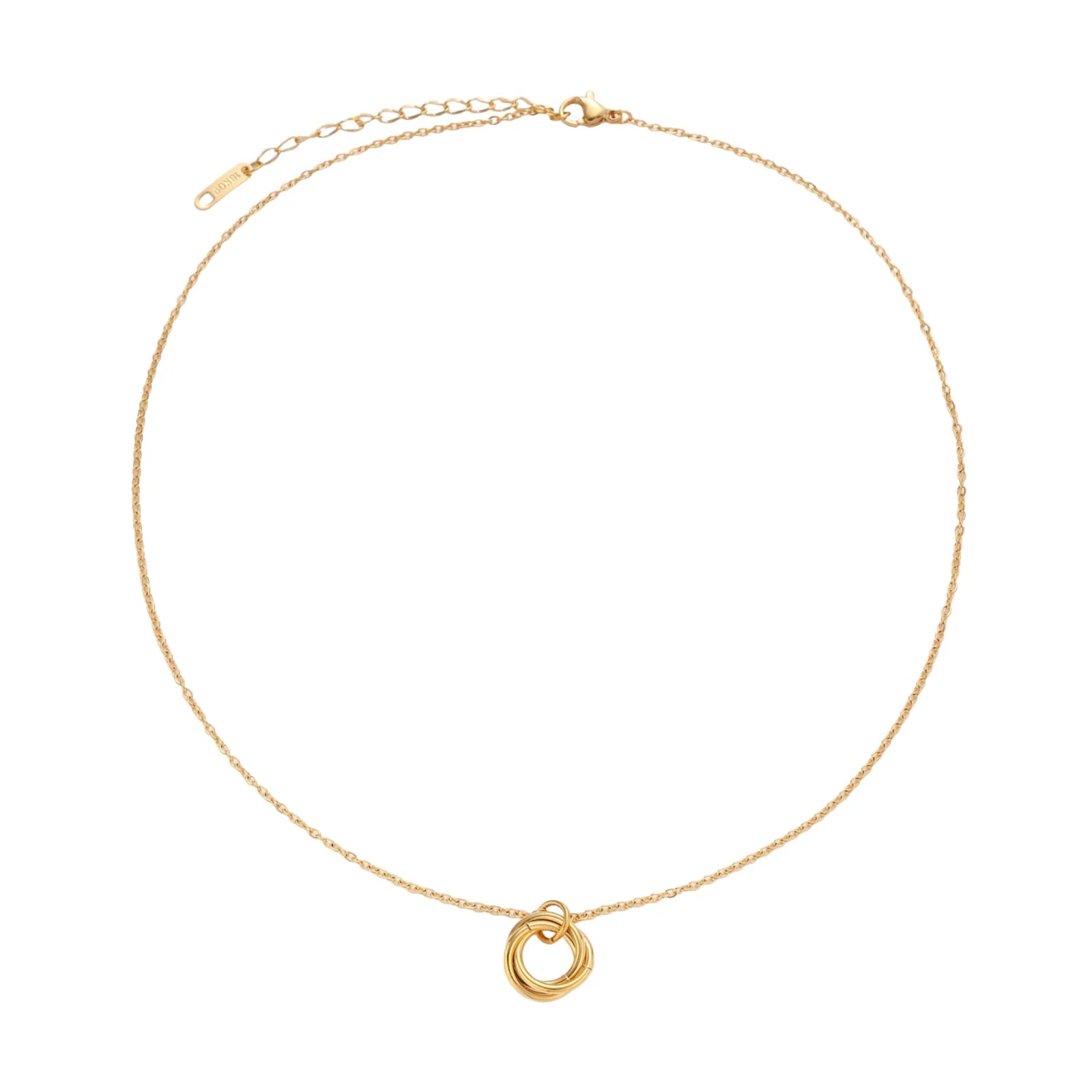 Gold necklace with a small ring pendant on a white background