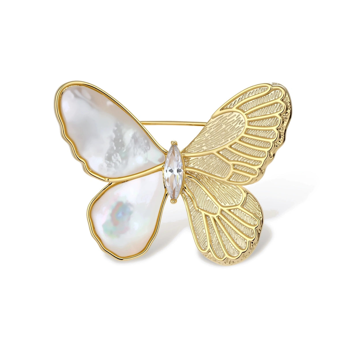 Rosamund Butterfly Brooch, gold-tone butterfly brooch with mother-of-pearl wings, front view