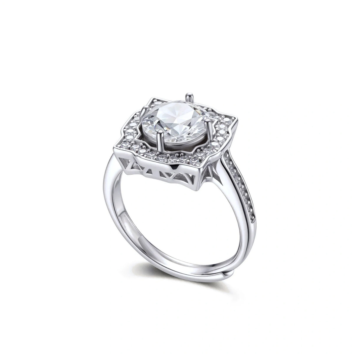 Adele Crown Moissanite Ring, angled view showing the halo, pavé shoulders and open adjustable band