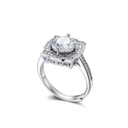 Adele Crown Moissanite Ring, angled view showing the halo, pavé shoulders and open adjustable band