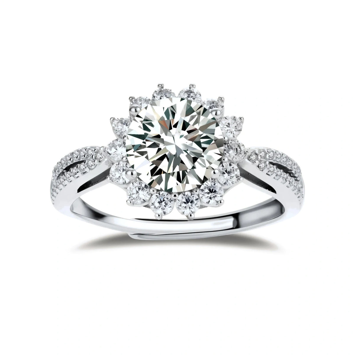 Rosalie Sunburst Moissanite Ring, front view of the round moissanite in a sunburst halo on a pavé split band