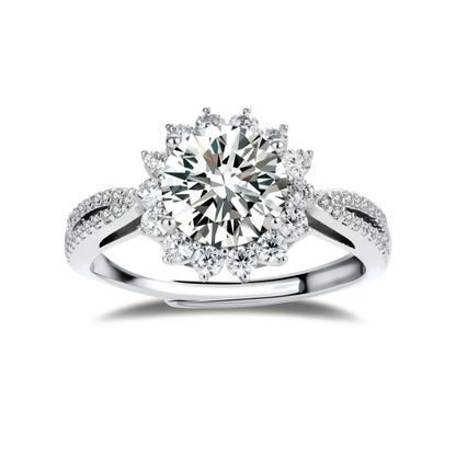 Rosalie Sunburst Moissanite Ring, front view of the round moissanite in a sunburst halo on a pavé split band