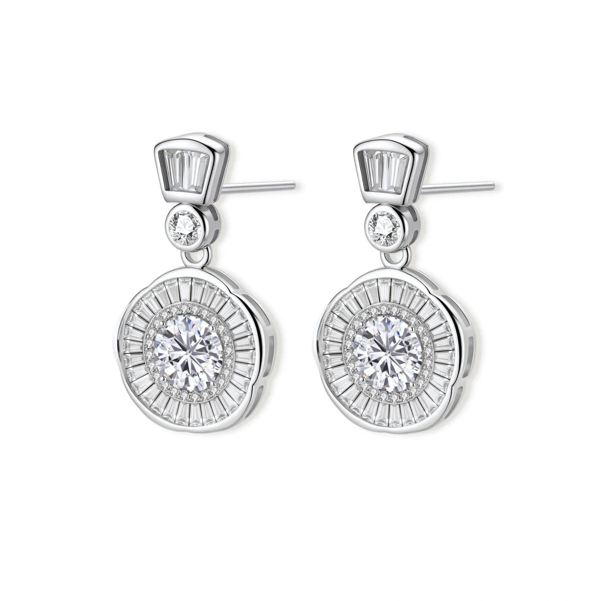 Vivienne Sunburst Moissanite Drops, pair front-on with posts showing