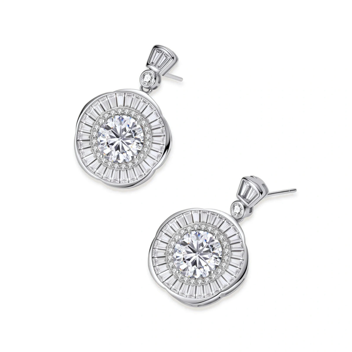Vivienne Sunburst Moissanite Drops, pair angled showing the post backs and the depth of the sunburst frames