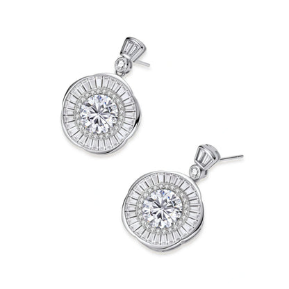 Vivienne Sunburst Moissanite Drops, pair angled showing the post backs and the depth of the sunburst frames