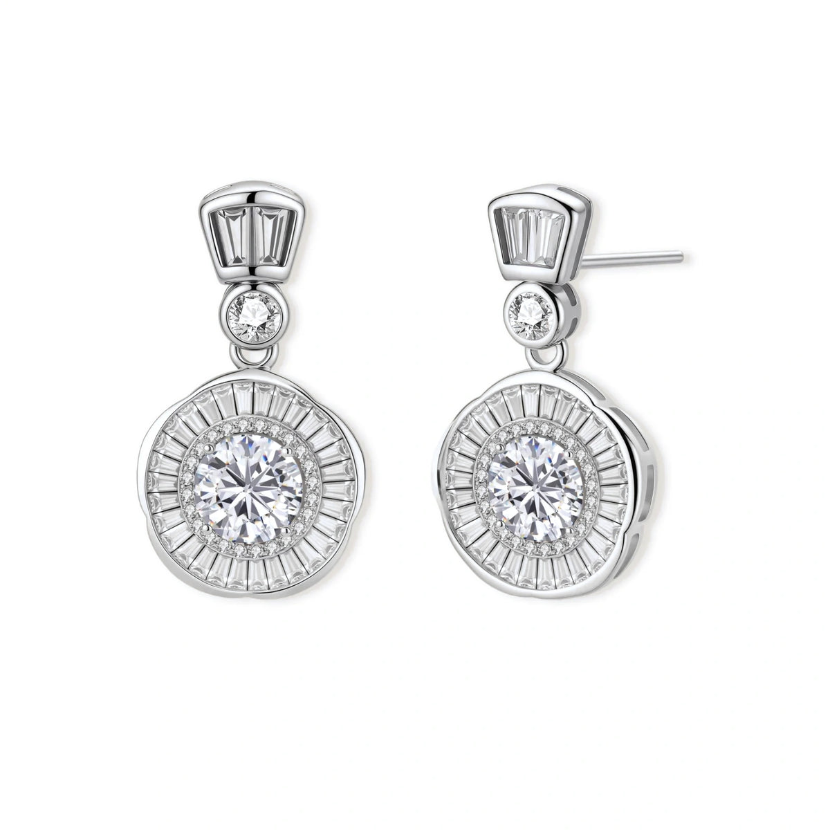 Vivienne Sunburst Moissanite Drops, pair of drop earrings each with a round moissanite in a baguette sunburst halo below a bezel-set stone and a baguette-topped stud, front view