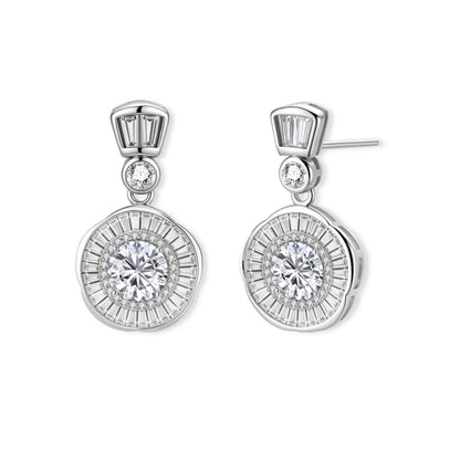 Vivienne Sunburst Moissanite Drops, pair of drop earrings each with a round moissanite in a baguette sunburst halo below a bezel-set stone and a baguette-topped stud, front view