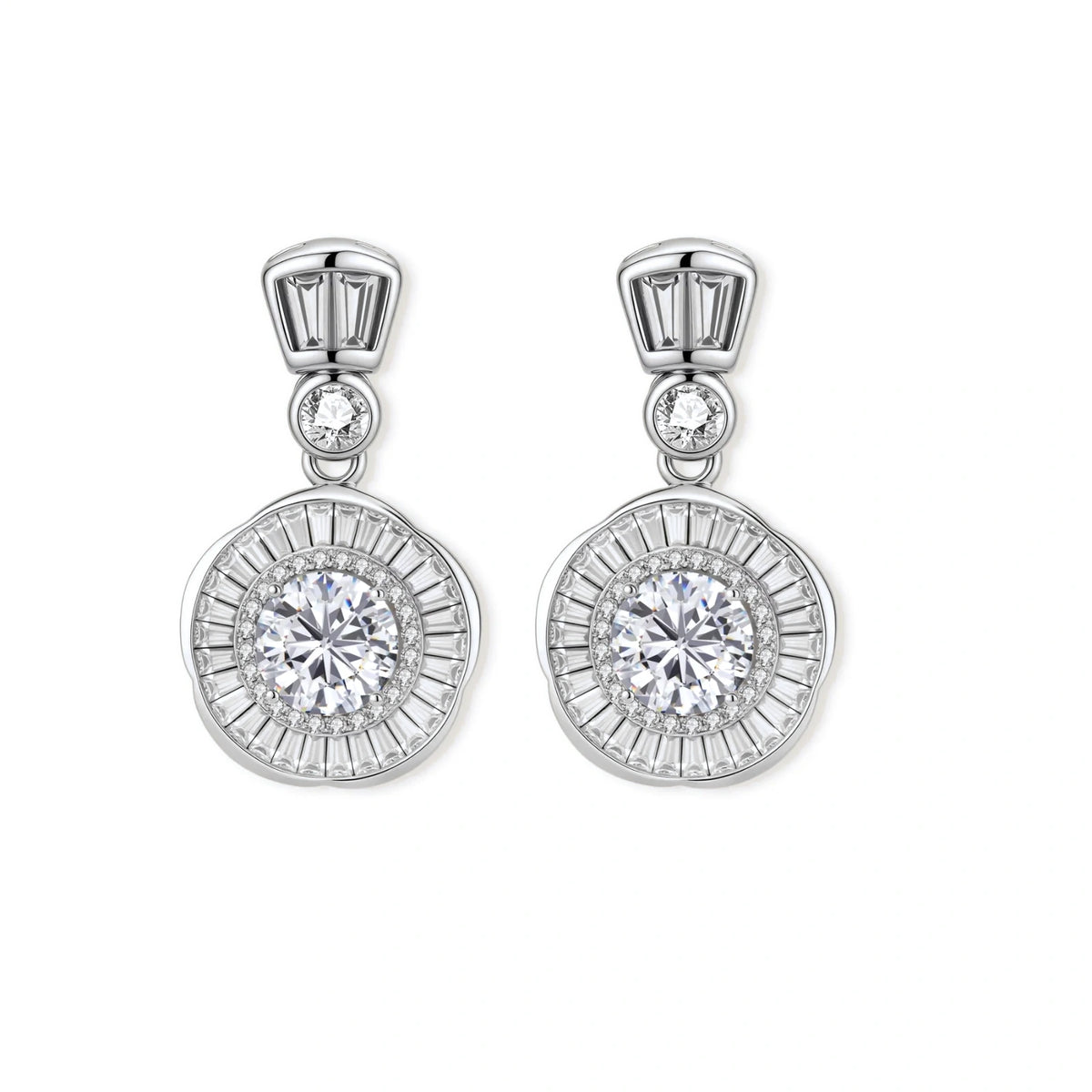 Vivienne Sunburst Moissanite Drops, pair side by side showing the three-tier drop
