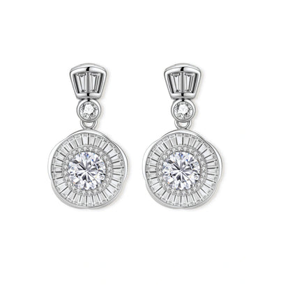 Vivienne Sunburst Moissanite Drops, pair side by side showing the three-tier drop