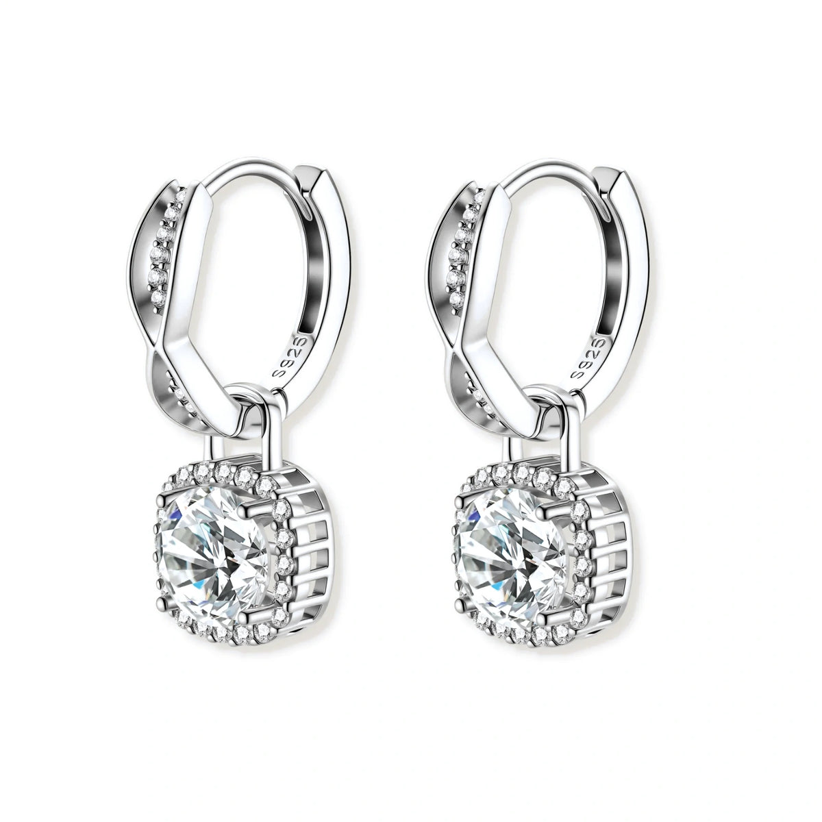 Freya Twist Halo Moissanite Earrings, pair from the hinge side showing the huggie closures and halo drops