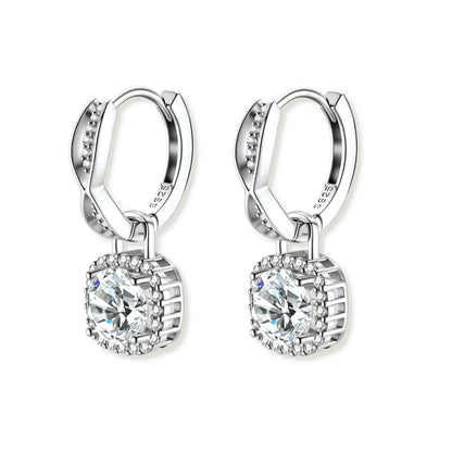 Freya Twist Halo Moissanite Earrings, pair from the hinge side showing the huggie closures and halo drops