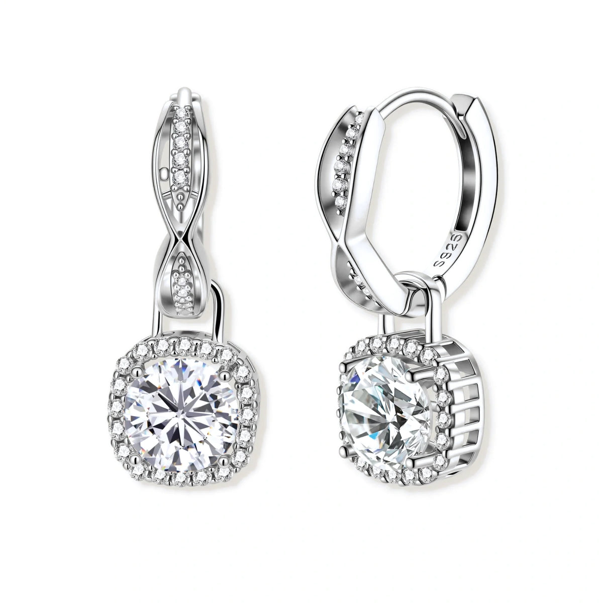 Freya Twist Halo Moissanite Earrings, pair of twisted huggie hoops each with a round moissanite in a cushion-shaped pavé halo, front view