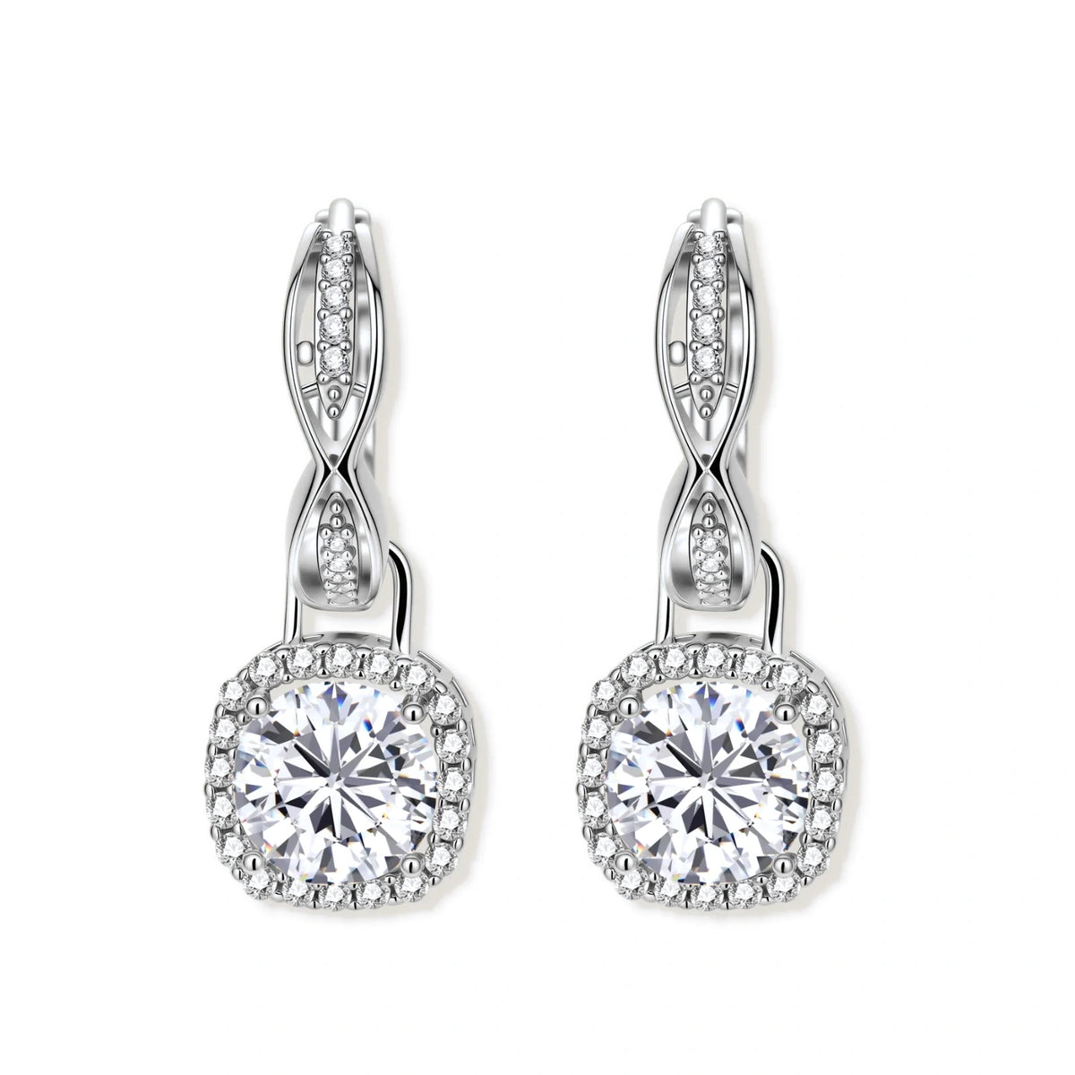 Freya Twist Halo Moissanite Earrings, pair side by side showing the twisted stone-lined hoops above the halo drops