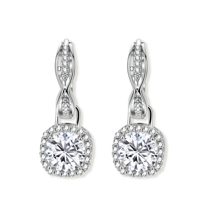 Freya Twist Halo Moissanite Earrings, pair side by side showing the twisted stone-lined hoops above the halo drops