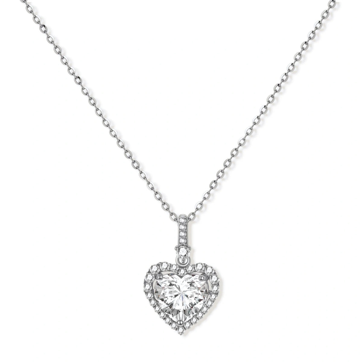 Sofia Heart Moissanite Necklace, heart-cut moissanite pendant in a pavé halo with a stone-set bail on a fine chain, front view