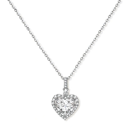 Sofia Heart Moissanite Necklace, heart-cut moissanite pendant in a pavé halo with a stone-set bail on a fine chain, front view