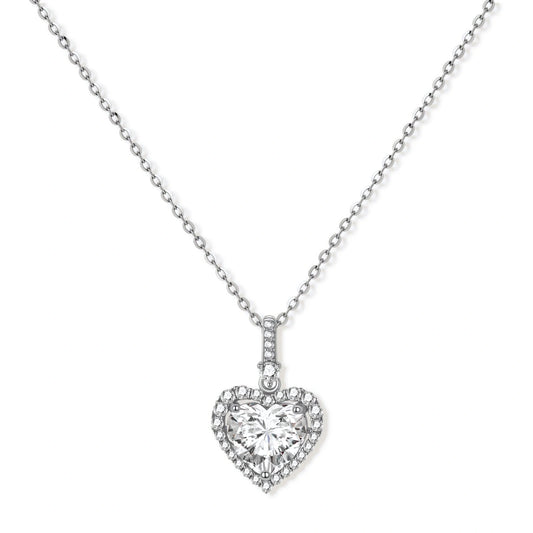 Sofia Heart Moissanite Necklace, heart-cut moissanite pendant in a pavé halo with a stone-set bail on a fine chain, front view
