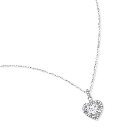 Sofia Heart Moissanite Necklace, pendant and chain laid at an angle showing the halo and bail