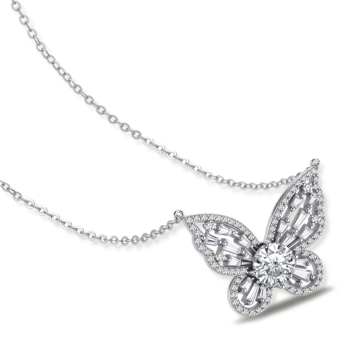 Iris Butterfly Moissanite Necklace, close angled view of the butterfly pendant and chain