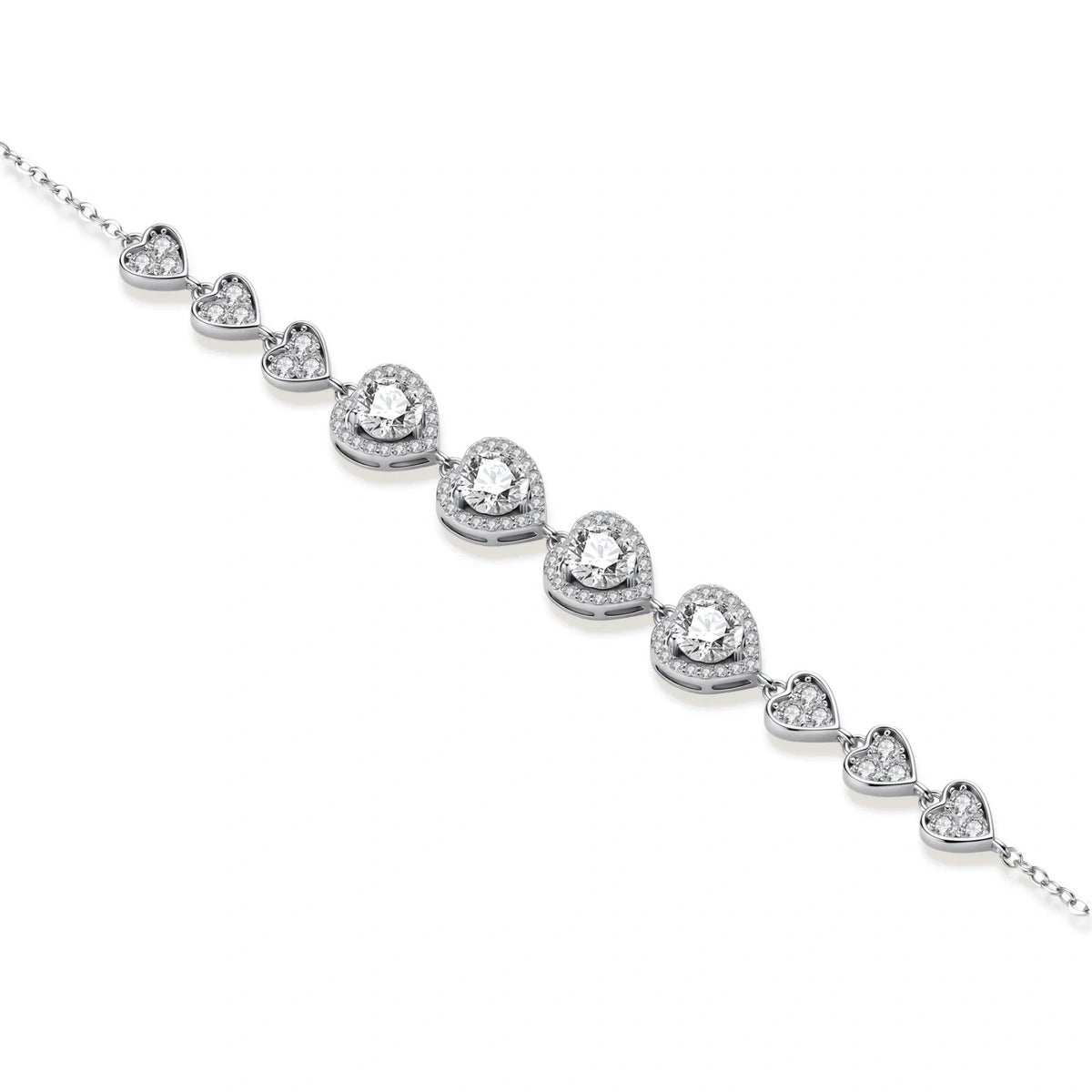 Colette Heart Moissanite Bracelet, bracelet laid straight showing the row of pavé hearts and halo-set stones