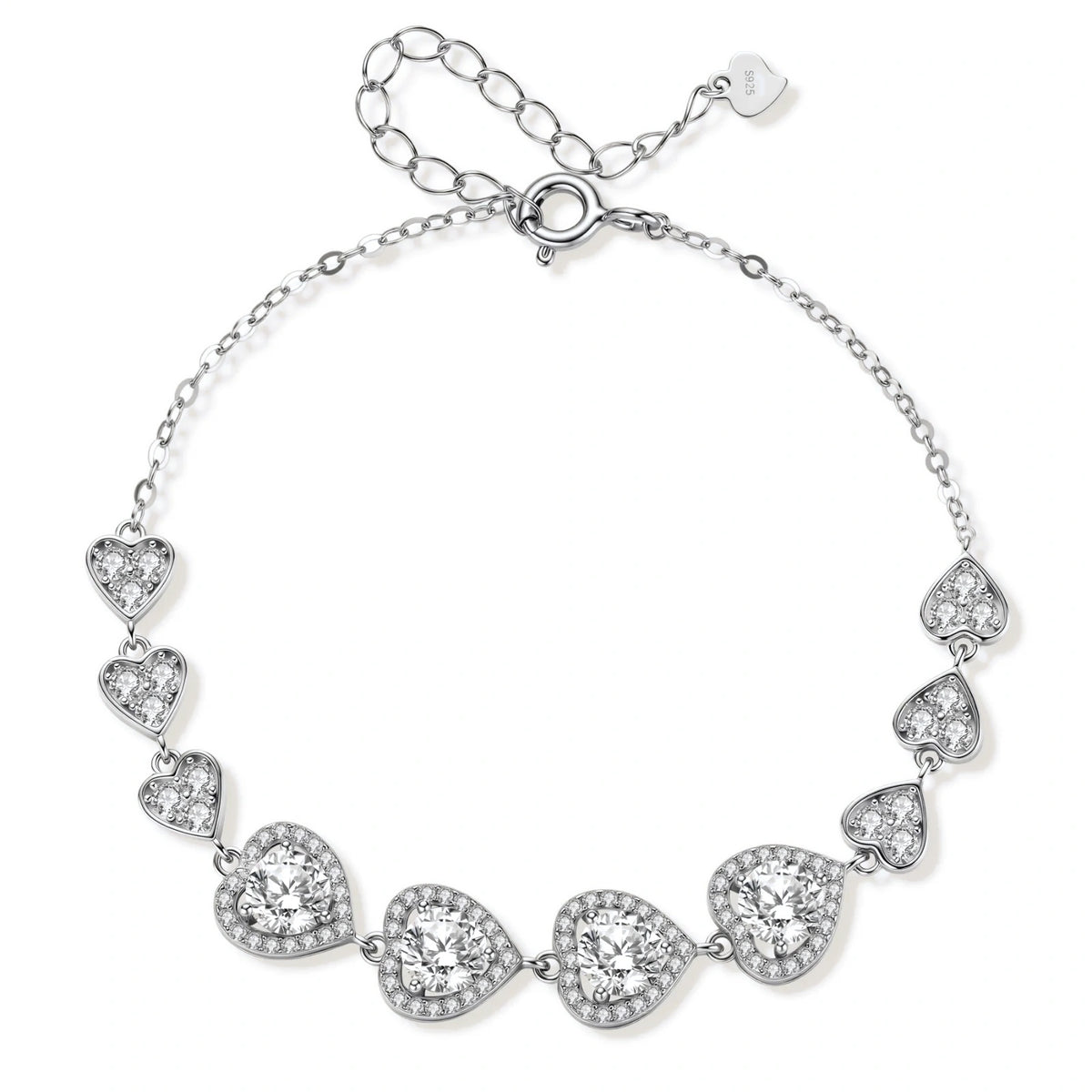Colette Heart Moissanite Bracelet, linked heart stations with four round moissanites in pavé halos on a fine chain, laid in a circle showing the spring-ring clasp and extender