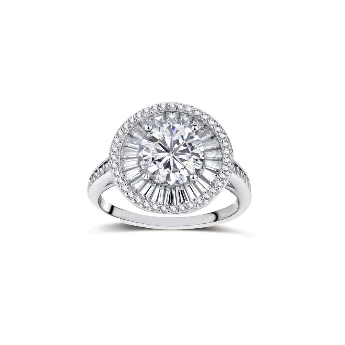 Astrid Baguette Halo Moissanite Ring, front view of the round moissanite inside a ring of tapered baguette stones and an outer pavé halo