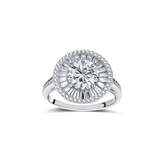 Astrid Baguette Halo Moissanite Ring, front view of the round moissanite inside a ring of tapered baguette stones and an outer pavé halo