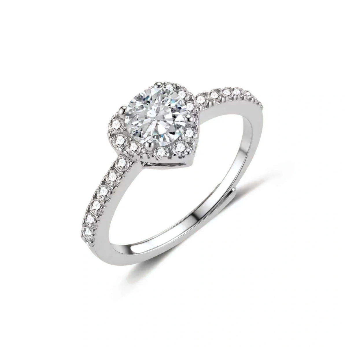 Nina Heart Halo Moissanite Ring, angled view showing the heart halo and the open adjustable band